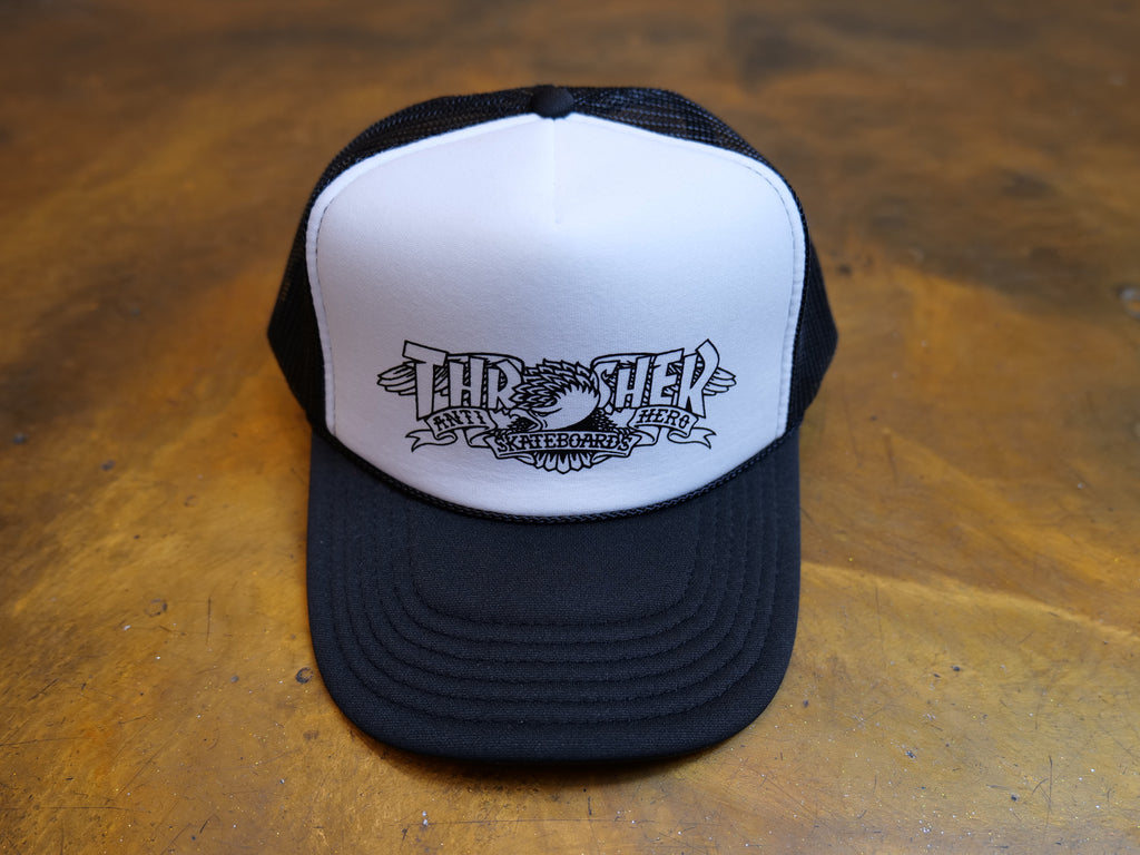 Thrasher x Antihero Mag Banner Trucker Cap - Black / White