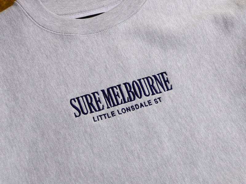 Little Lonsdale St. Embroidered Super Heavyweight Reverse Weave Crew Fleece - Grey Marle / Navy