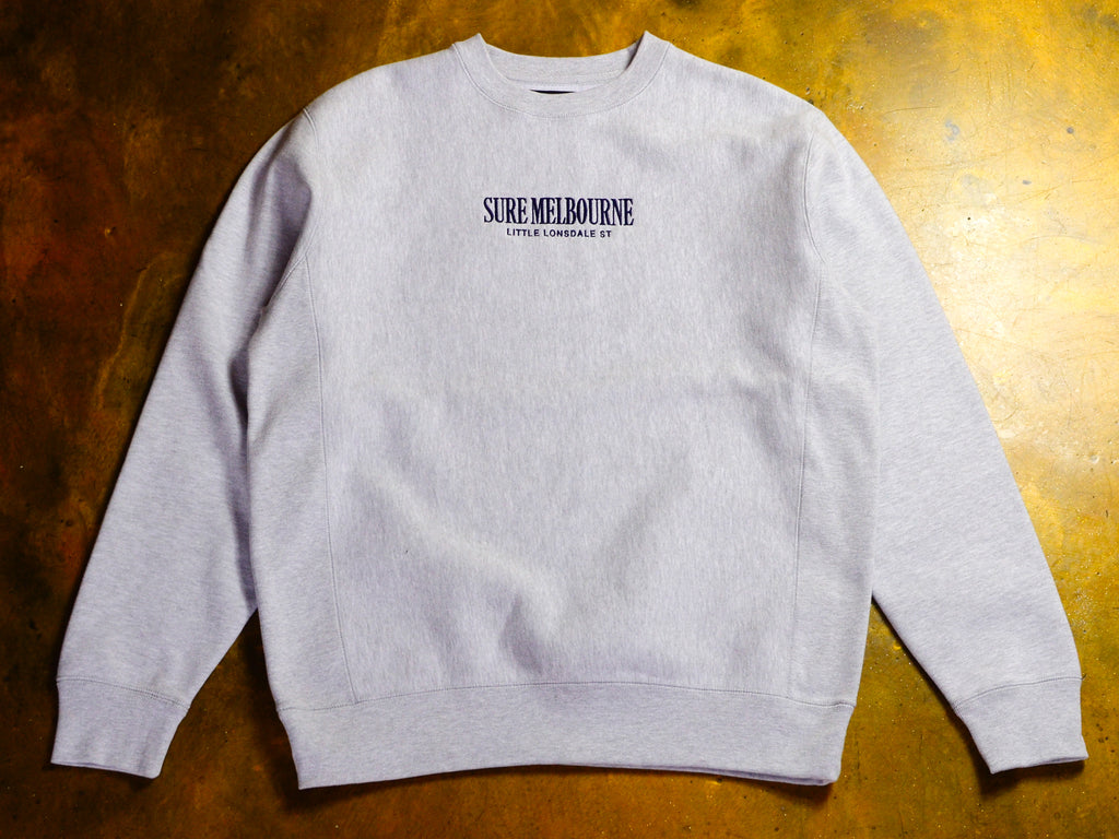 Little Lonsdale St. Embroidered Super Heavyweight Reverse Weave Crew Fleece - Grey Marle / Navy