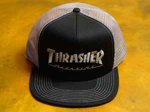 Thrasher Logo Embroidered Mesh Cap - Black / Grey