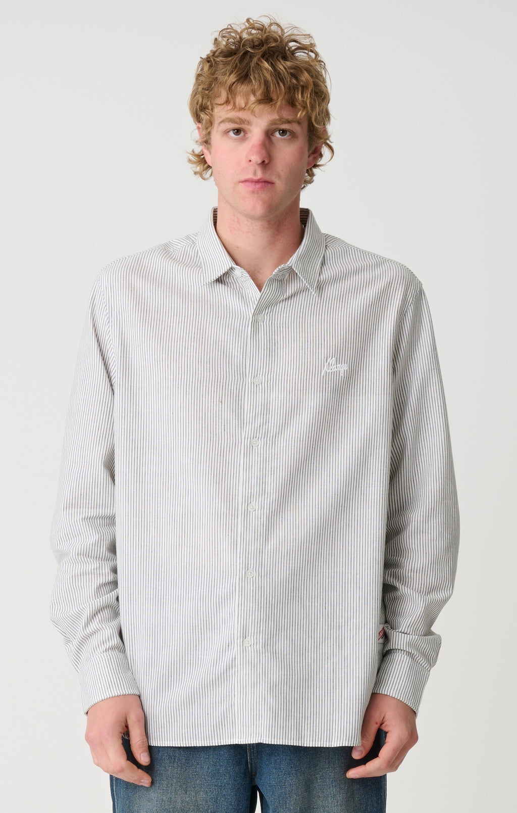 Oxford Script Long Sleeve Button Down Shirt - Olive Stripe