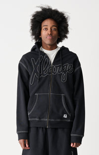 Script Zip Thru Hooded Fleece - Black