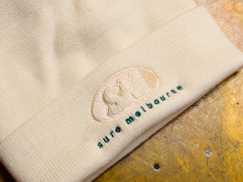 SM Oval Embroidered Cuff Beanie - Ecru / Cream